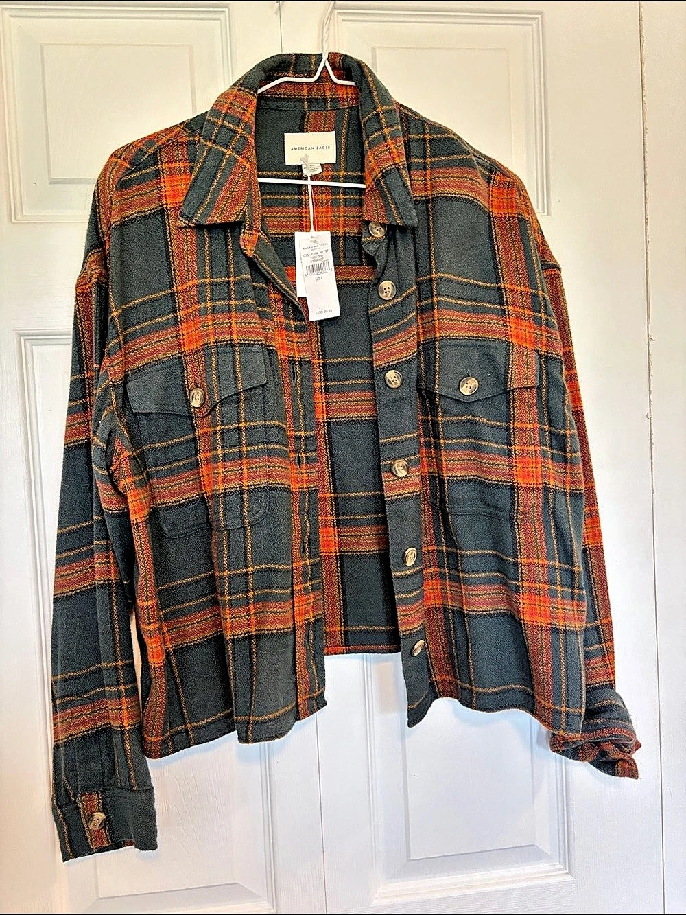 🍂New!🍃American Eagle Plaid Utility Jacket in Black & Orange Size Large NWT 🍁